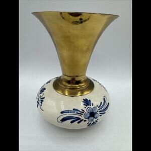 Holland Delft & Brass Blue & White Three Footed Vase 5 1/2 inches Vintage